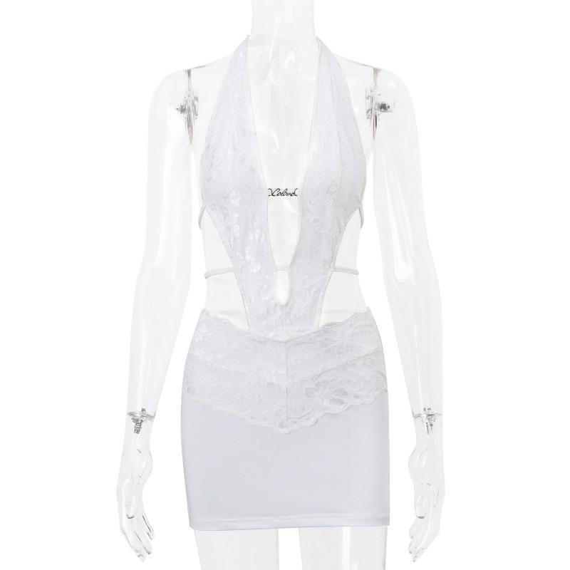Halter self tie lace hem hollow out mini dress