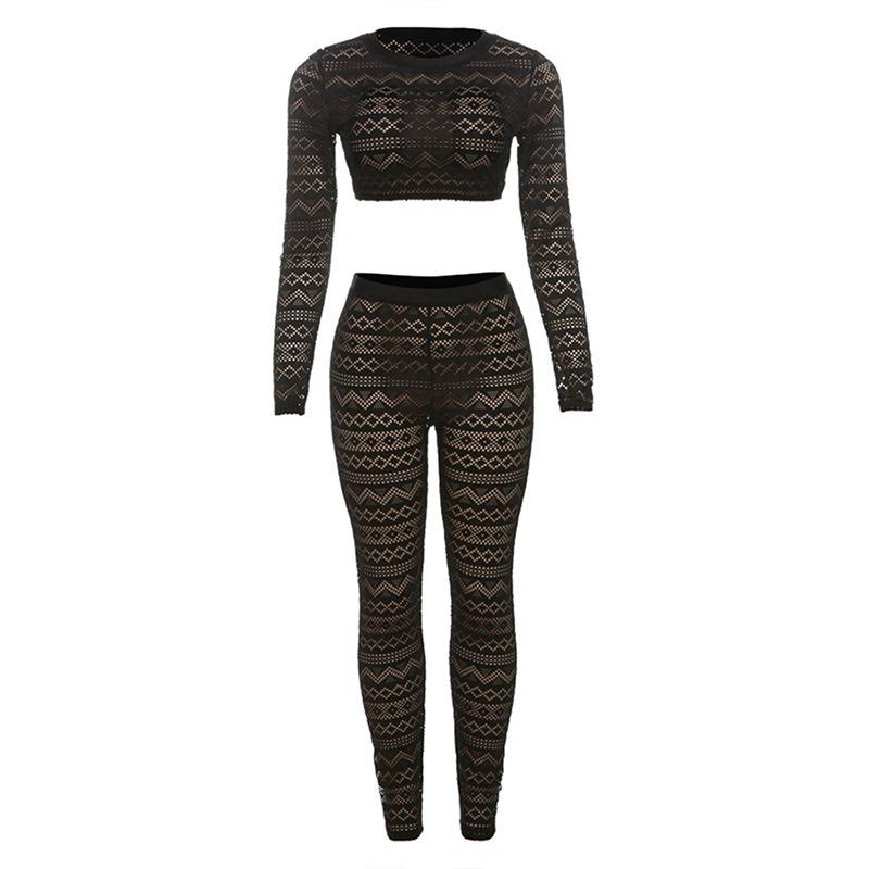 Long sleeve hollow out crewneck medium rise pant set
