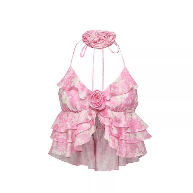 Halter ruffle flower applique slit print maxi skirt set