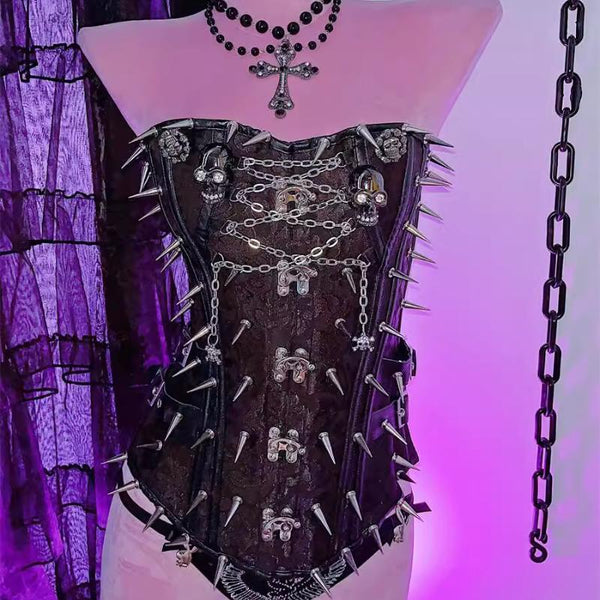 Top de tubo con cordones, hebilla y estampado de calavera con cadena de metal 