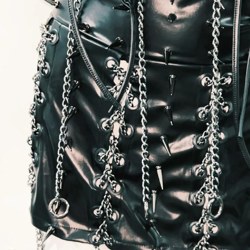 Zip-up v neck metal chain rivet applique mini skirt set