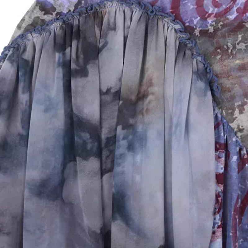 Irregular u neck ruched ruffle print contrast top