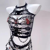 Conjunto de minifalda con apliques de araña, transparente y ahuecado con cuentas 