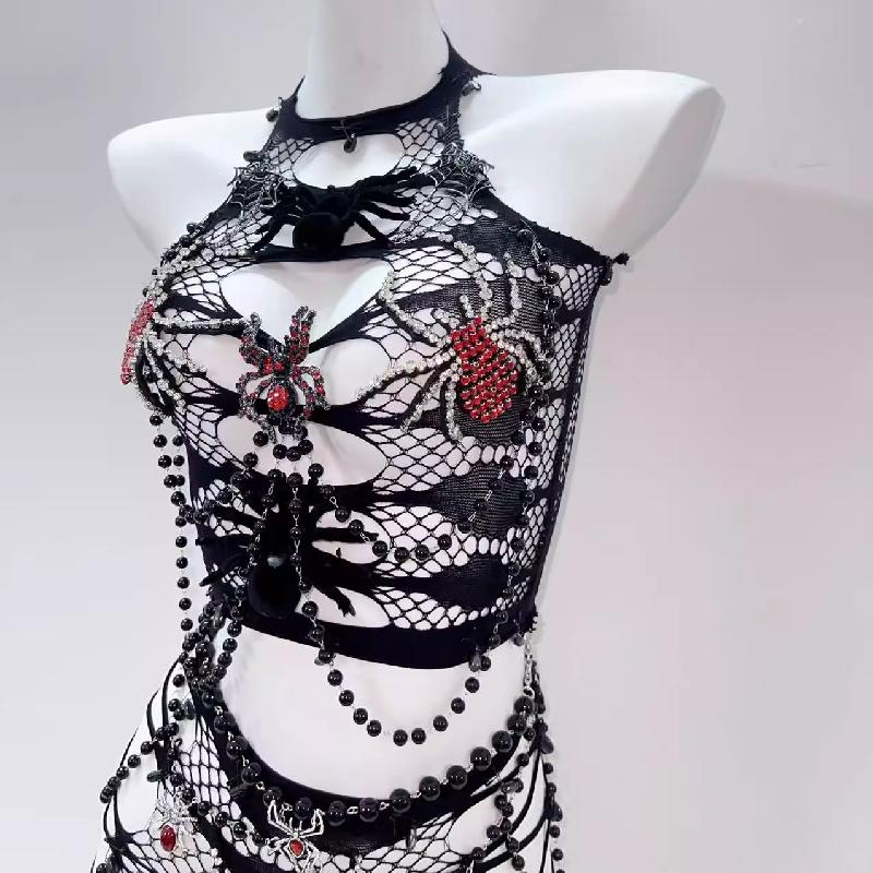 Conjunto de minifalda con apliques de araña, transparente y ahuecado con cuentas 