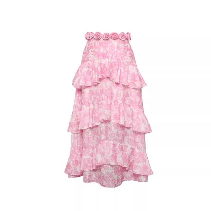 Halter ruffle flower applique slit print maxi skirt set