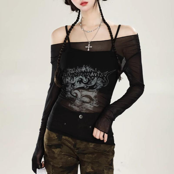 Long sleeve off shoulder mesh abstract 2 piece top