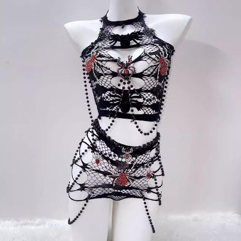 Conjunto de minifalda con apliques de araña, transparente y ahuecado con cuentas 