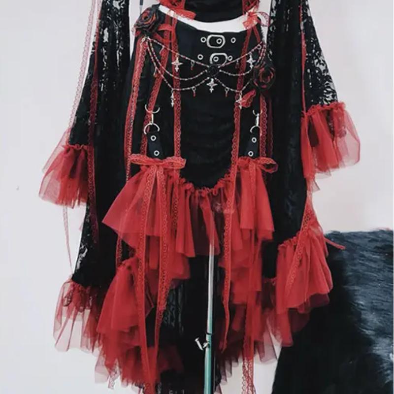 Ensemble jupe midi à volants et appliques de fleurs perlées à manches longues 