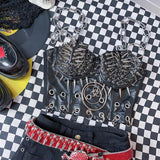 O ring hollow out metal chain rivet applique PU leather top