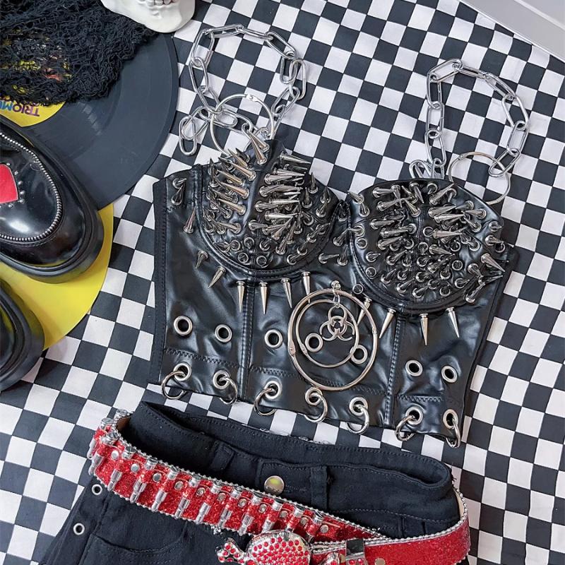 O ring hollow out metal chain rivet applique PU leather top