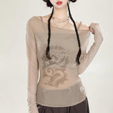 Long sleeve off shoulder mesh abstract 2 piece top
