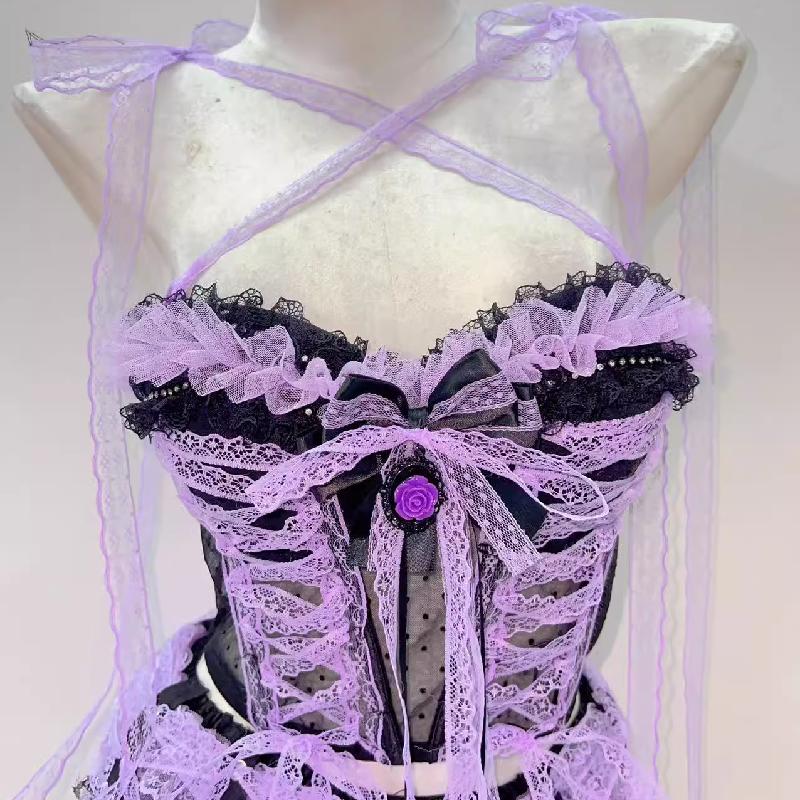 Conjunto de minifalda con lazo y dobladillo de encaje cruzado en la parte delantera 
