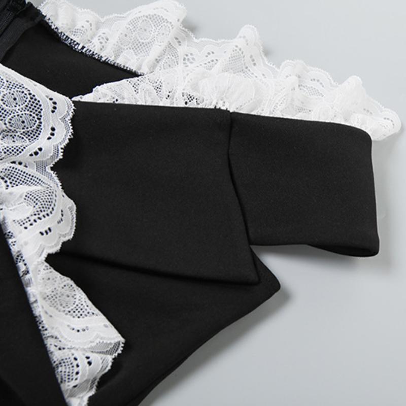 Body zippé à col en V et ourlet en dentelle à épaules dénudées 