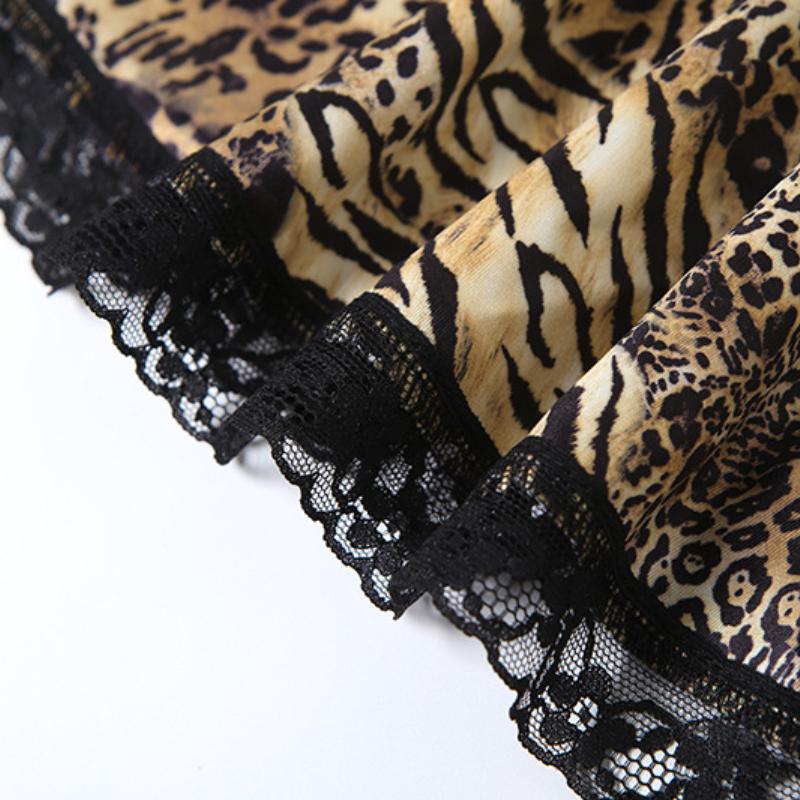 Mini-robe boutonnée à col en V et imprimé léopard avec ourlet en dentelle 