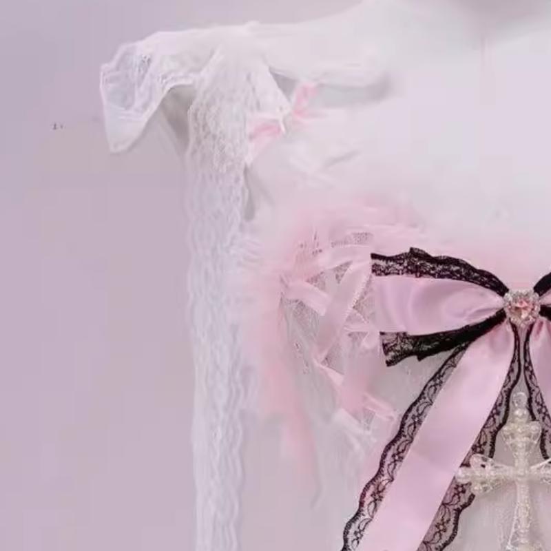 Ensemble mini-jupe rembourrée à col en V et ourlet en dentelle avec nœud papillon 