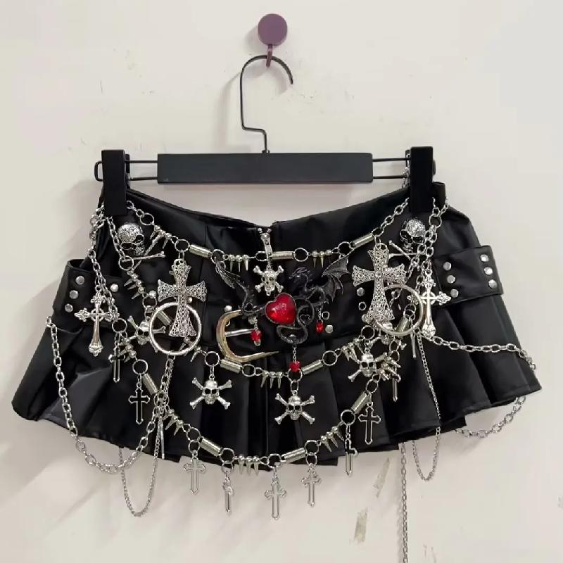 Cross applique pleated zip-up o ring mini skirt