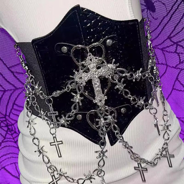 Corsé de cuero PU con apliques cruzados de cadena de metal 