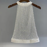 Crewneck hollow out see through beaded button top