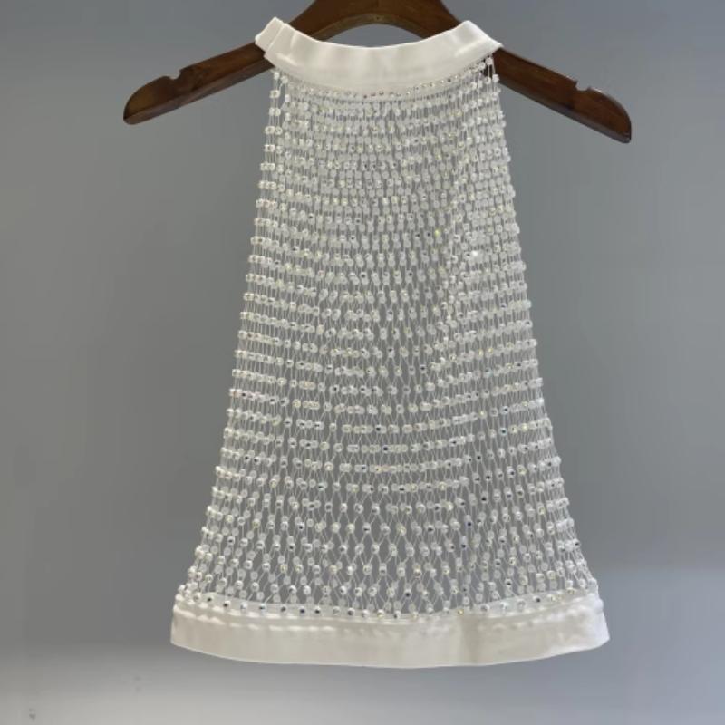 Crewneck hollow out see through beaded button top