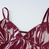 V neck PU leather solid backless cami top