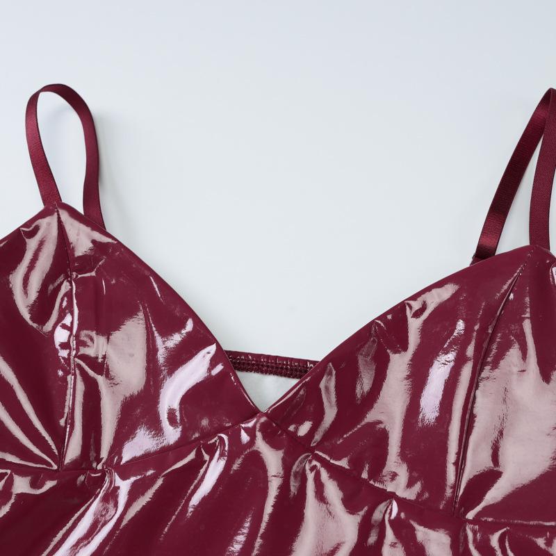 V neck PU leather solid backless cami top