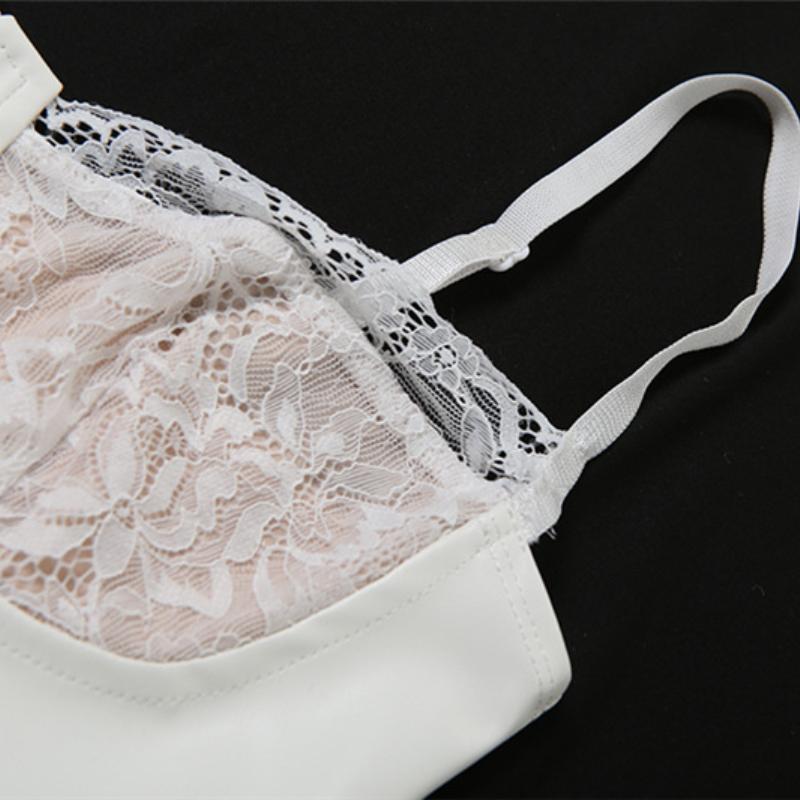 Top camisola de cuero sintético con cuello en V y guantes con dobladillo de encaje 