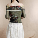 Long flared sleeve off shoulder lace hem flower print top