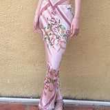 Bowknot ruffle ruched contrast flower print skirt set