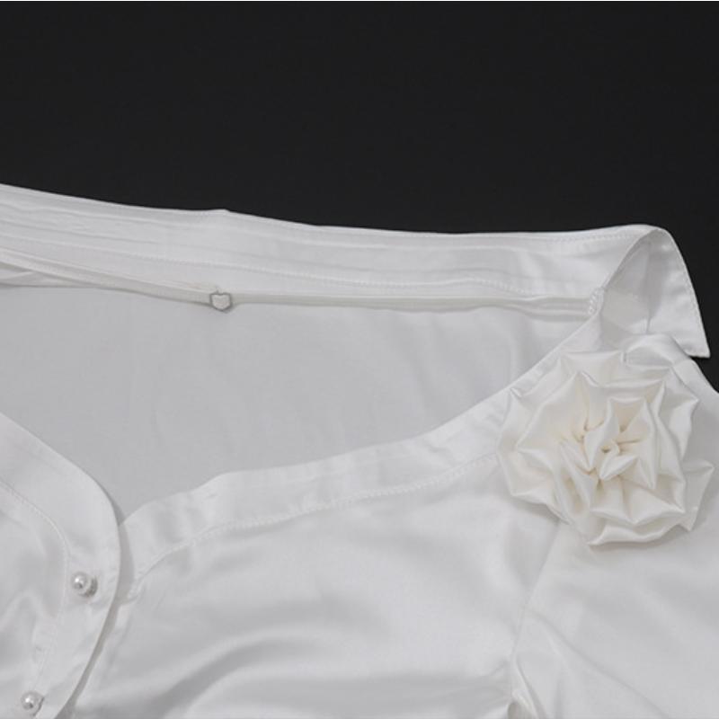 Long sleeve off shoulder flower applique button top