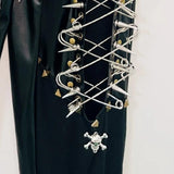 Lace up metal chain hollow out skull applique pant
