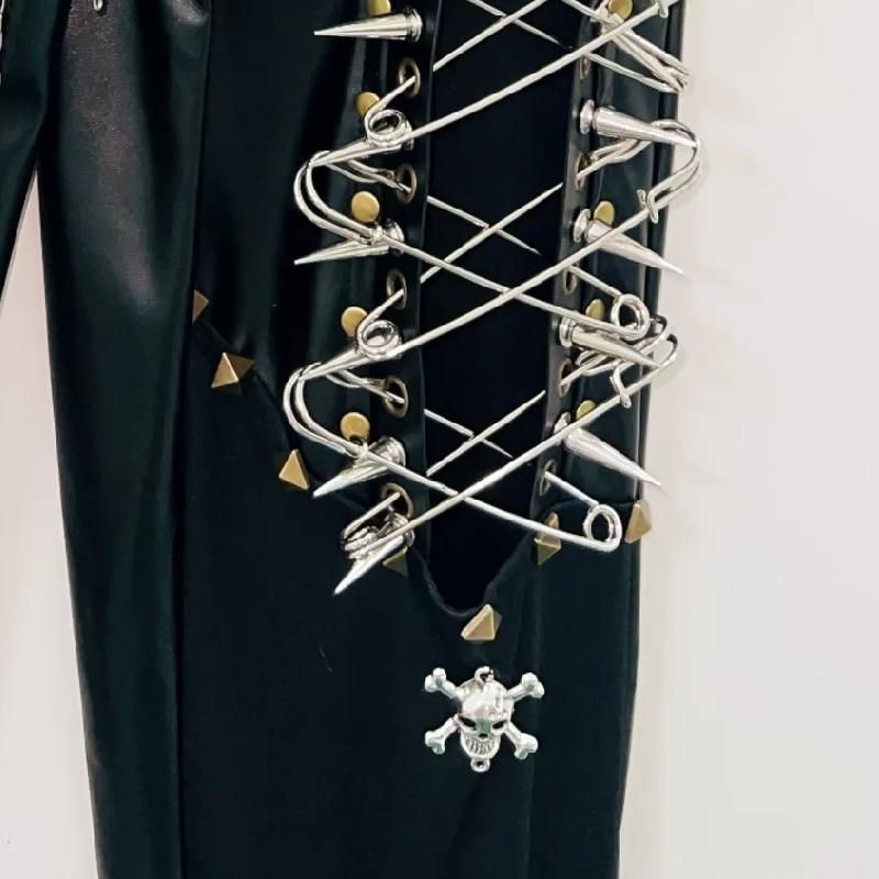 Lace up metal chain hollow out skull applique pant