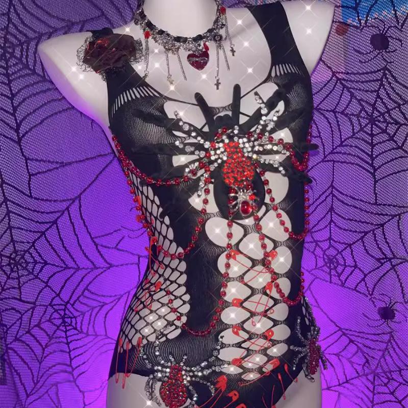 Hollow out beaded spider applique u neck bodysuit
