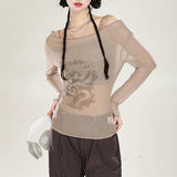 Long sleeve off shoulder mesh abstract 2 piece top