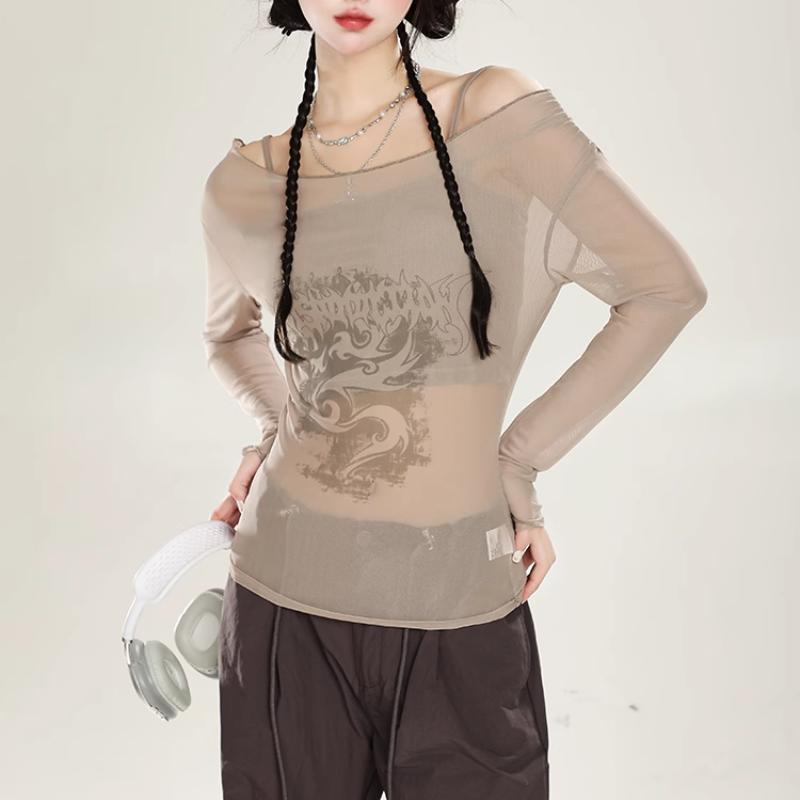 Long sleeve off shoulder mesh abstract 2 piece top