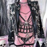 Metal chain o ring skull applique PU leather corset