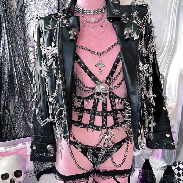 Corsé de cuero PU con aplique de calavera y cadena de metal 