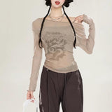 Long sleeve off shoulder mesh abstract 2 piece top