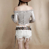 Long sleeve off shoulder ruffle button ruched top