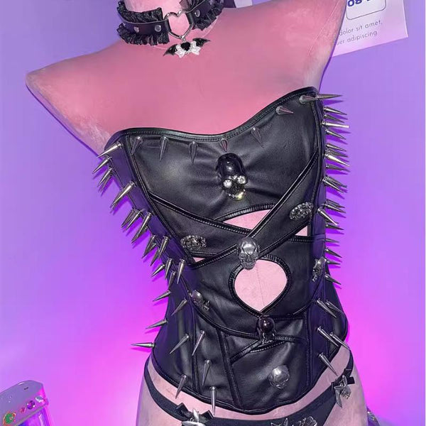 Hollow out PU leather skull applique tube top