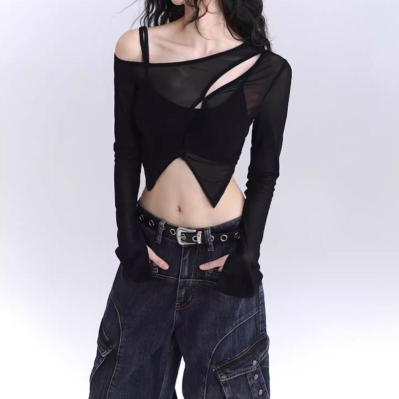 Irregular long sleeve hollow out 2 piece crop top