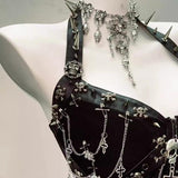 Metal chain o ring skull applique zip-up mini skirt set