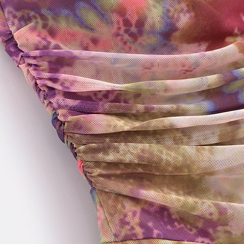 Mini-robe à col en V en maille imprimée froncée à nouer soi-même 