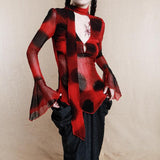 Long flared sleeve ruffle deep V neck mesh print top