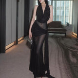 Ruched halter cowl neck backless irregular maxi dress