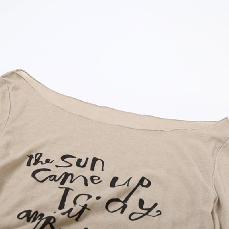 Long sleeve round neck letter print ruched top