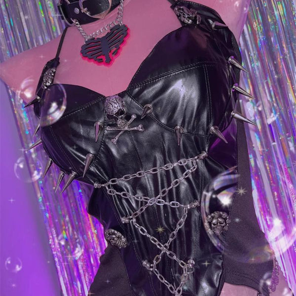 Halter self tie PU leather metal chain v neck top