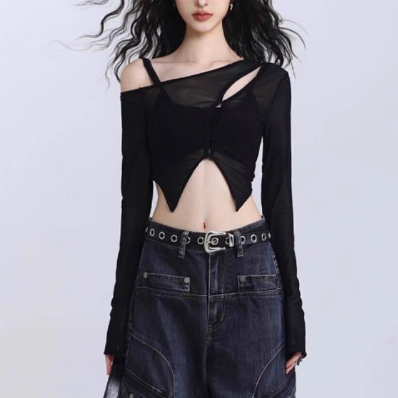 Irregular long sleeve hollow out 2 piece crop top