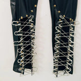Lace up metal chain hollow out skull applique pant