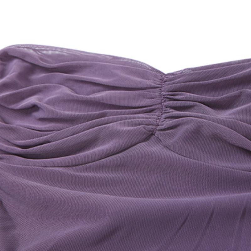 Vestido largo liso de malla fruncida con cuello de corazón 