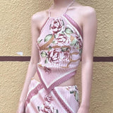 Bowknot ruffle ruched contrast flower print skirt set